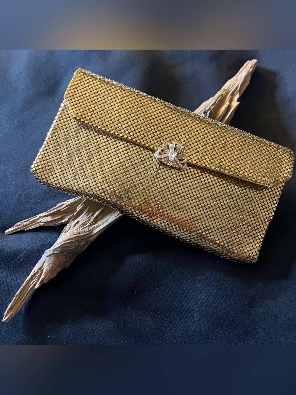 Whiting & Davis Gold Mesh Envelope Clutch Crystal Bow Evening Bag MINT